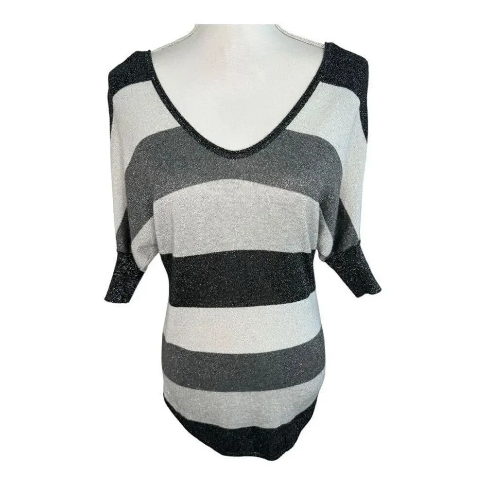 Express Women’s XS Oversized Black & Gray Glitter Striped V-Neck Sweater